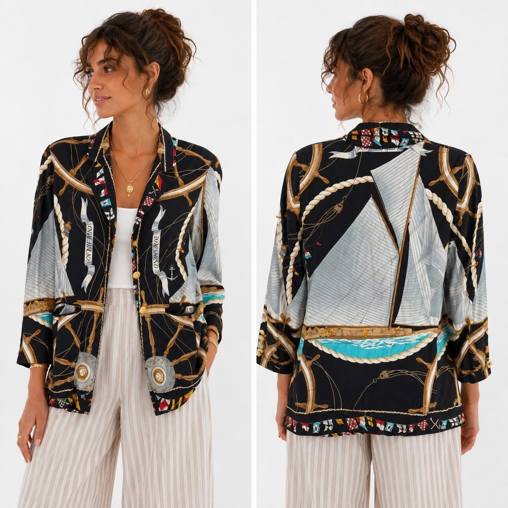 Mondi Nautical Sailboat Blazer Jacket Women Size L Gold Button Y2K Statement VTG